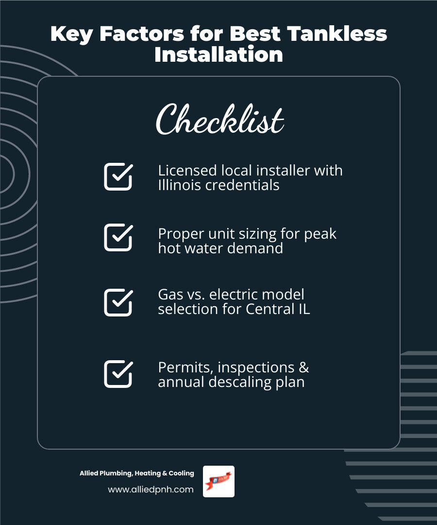 Infographic showing how tankless water heaters work, key benefits, and what to look for in a Chatham IL installer - tankless Infographic showing how tankless water heaters work, key benefits, and what to look for in a Chatham IL installer - tankless