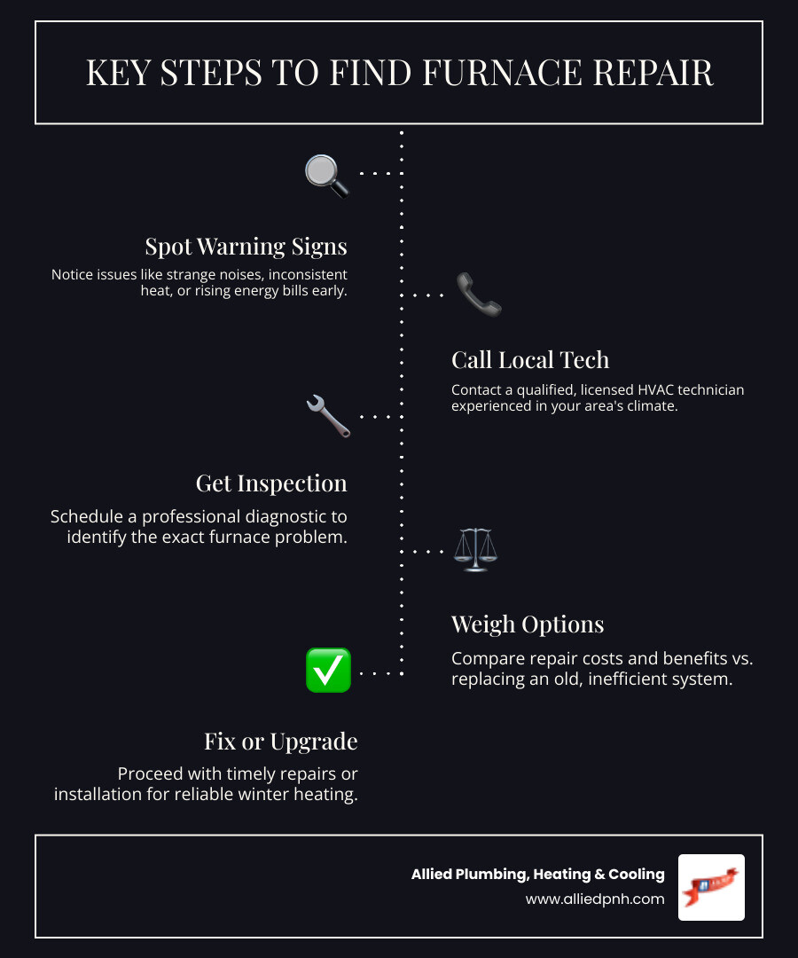 Infographic showing key steps to find furnace repair in Bradfordton IL: spot warning signs, call a local tech, get an