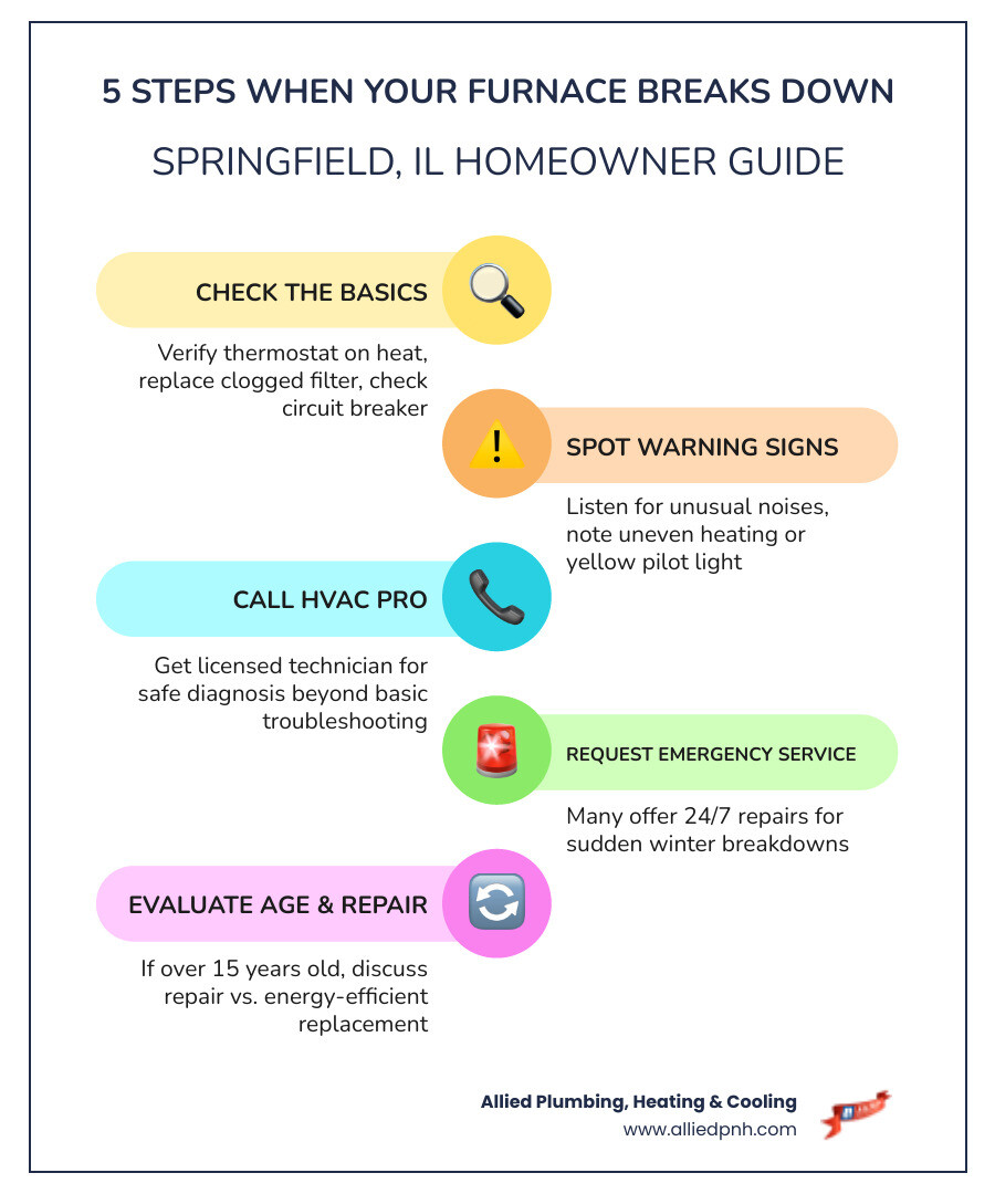 Infographic showing 5 steps to take when your furnace breaks down in Springfield IL, including warning signs and when to Infographic showing 5 steps to take when your furnace breaks down in Springfield IL, including warning signs and when to