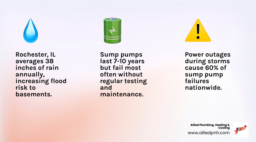 Infographic showing how a sump pump works, common failure signs, and backup options for Rochester IL homes - sump pumps Infographic showing how a sump pump works, common failure signs, and backup options for Rochester IL homes - sump pumps