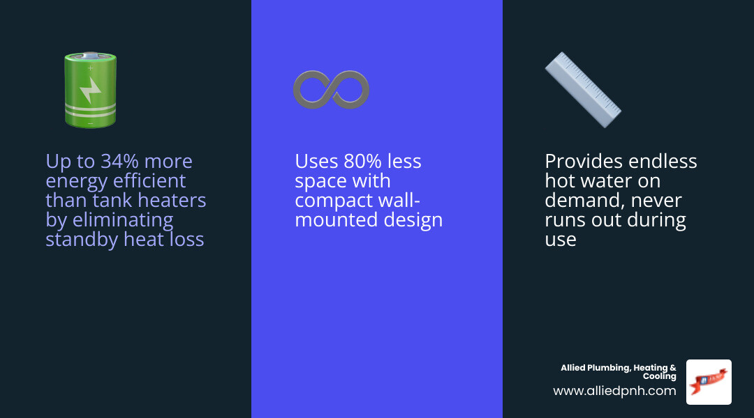 Infographic showing tankless water heater benefits and maintenance schedule including energy savings, lifespan, and flush