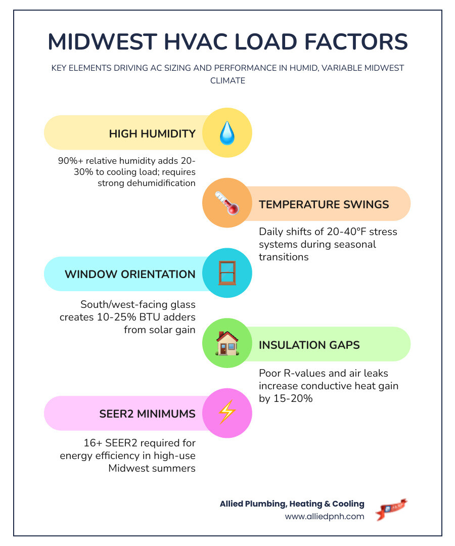 Infographic showing Midwest HVAC load factors including humidity levels, temperature swings, window orientation BTU adders Infographic showing Midwest HVAC load factors including humidity levels, temperature swings, window orientation BTU adders
