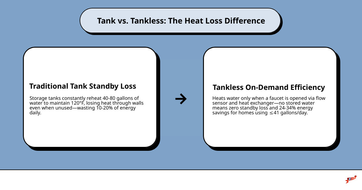 Infographic comparing standby heat loss in traditional storage tanks versus on-demand heating in tankless water heaters Infographic comparing standby heat loss in traditional storage tanks versus on-demand heating in tankless water heaters