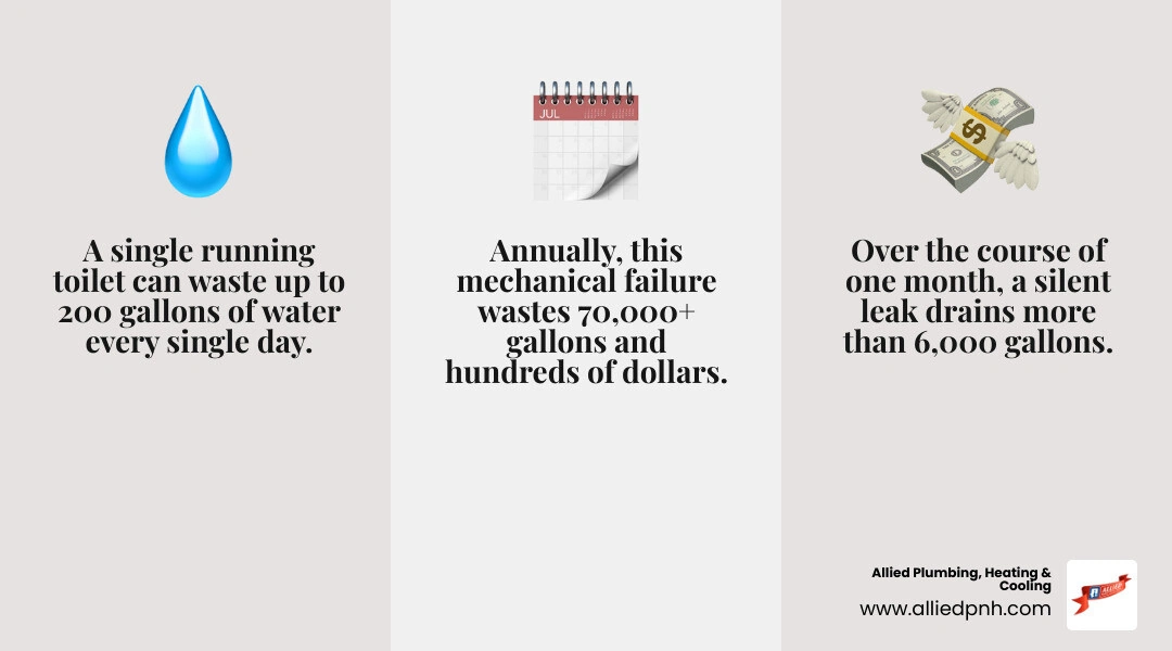 Infographic showing daily, monthly, and annual water waste from a running toilet with cost estimates - how running toilets