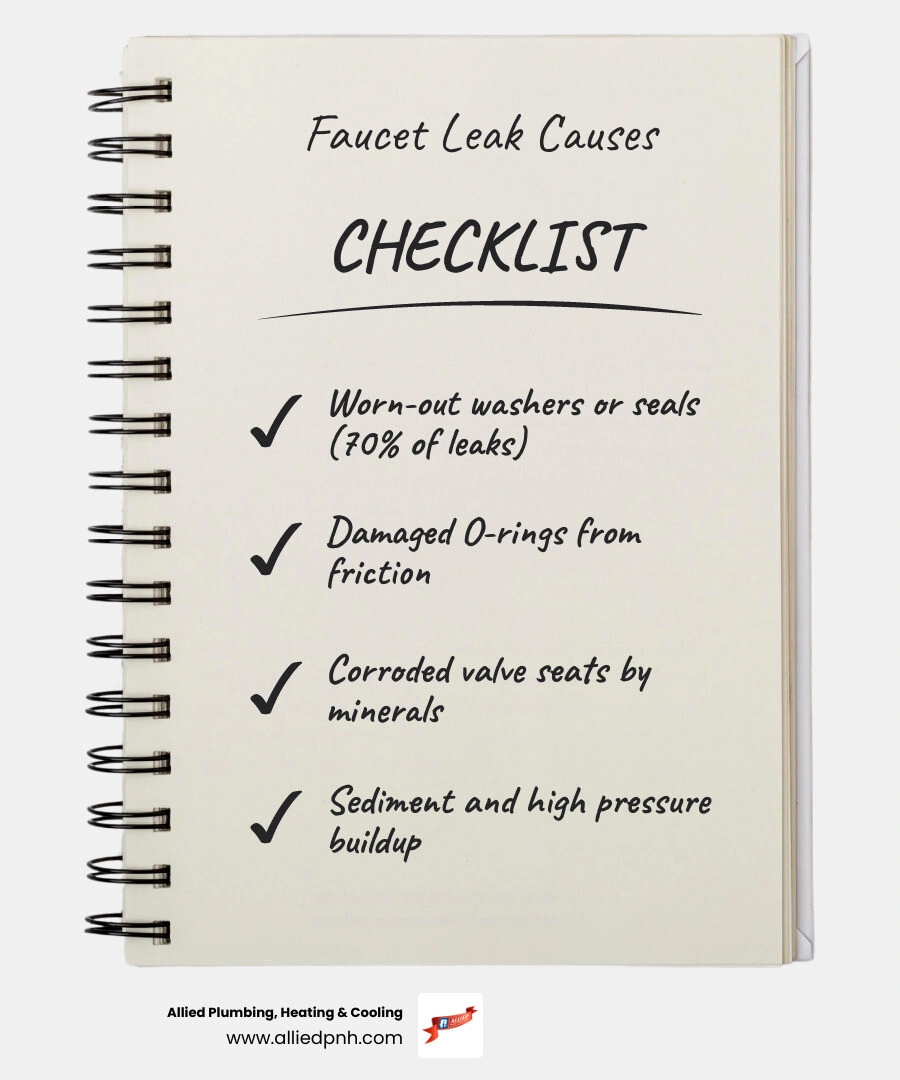 Infographic showing anatomy of a faucet leak: washer wear, O-ring damage, valve seat corrosion, pressure issues, mineral Infographic showing anatomy of a faucet leak: washer wear, O-ring damage, valve seat corrosion, pressure issues, mineral