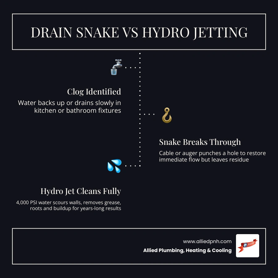 Drain snake vs hydro jetting comparison: how each method works, best use cases, results, and pipe safety infographic Drain snake vs hydro jetting comparison: how each method works, best use cases, results, and pipe safety infographic