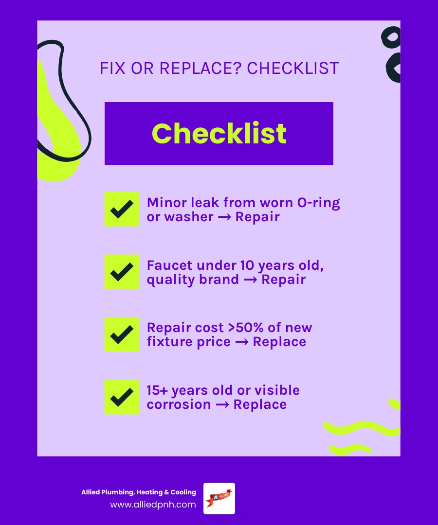 Infographic showing repair vs replace decision factors: age, cost, corrosion, repair frequency, and water efficiency ratings Infographic showing repair vs replace decision factors: age, cost, corrosion, repair frequency, and water efficiency ratings