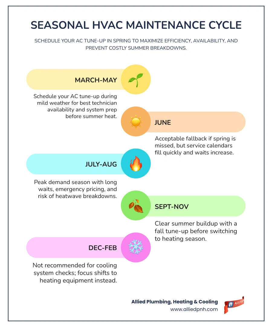 Seasonal HVAC maintenance cycle infographic showing spring AC tune-up and fall heating tune-up schedule with key benefits