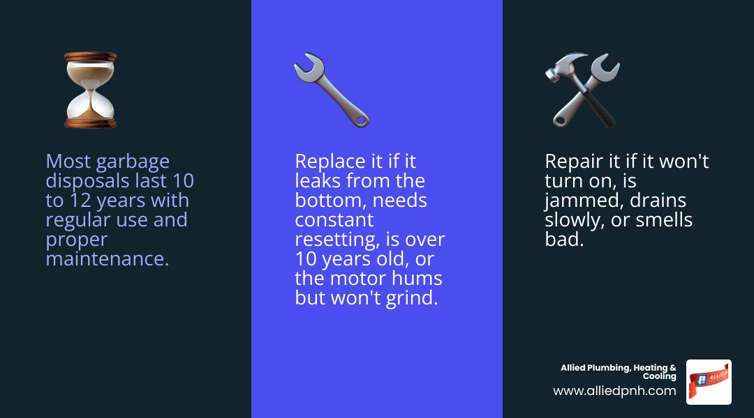 Infographic showing repair vs replace signs, lifespan, and quick troubleshooting steps for garbage disposals infographic Infographic showing repair vs replace signs, lifespan, and quick troubleshooting steps for garbage disposals infographic
