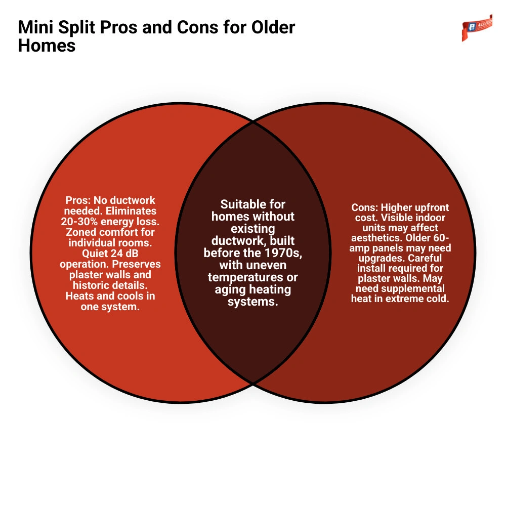 Infographic showing mini split pros and cons for older homes including energy savings, no ductwork, zoning, upfront cost Infographic showing mini split pros and cons for older homes including energy savings, no ductwork, zoning, upfront cost