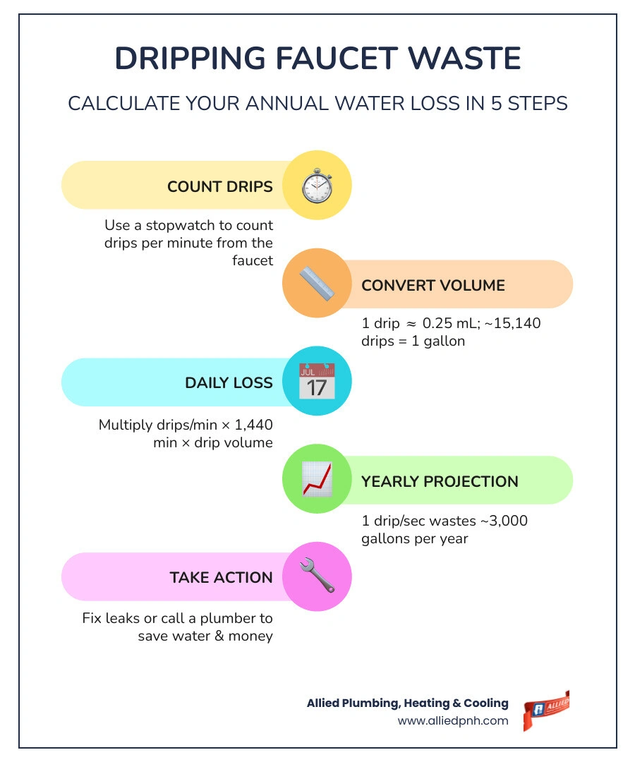 Infographic showing cumulative water waste from dripping faucets at different drip rates per day, month, and year infographic
