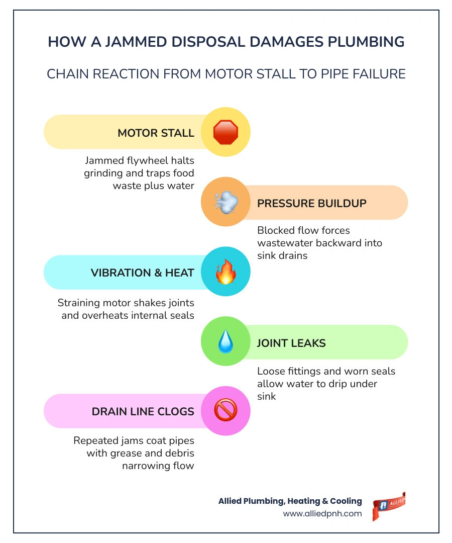 Infographic showing how a jammed garbage disposal causes pipe backups, joint leaks, and drain clogs infographic