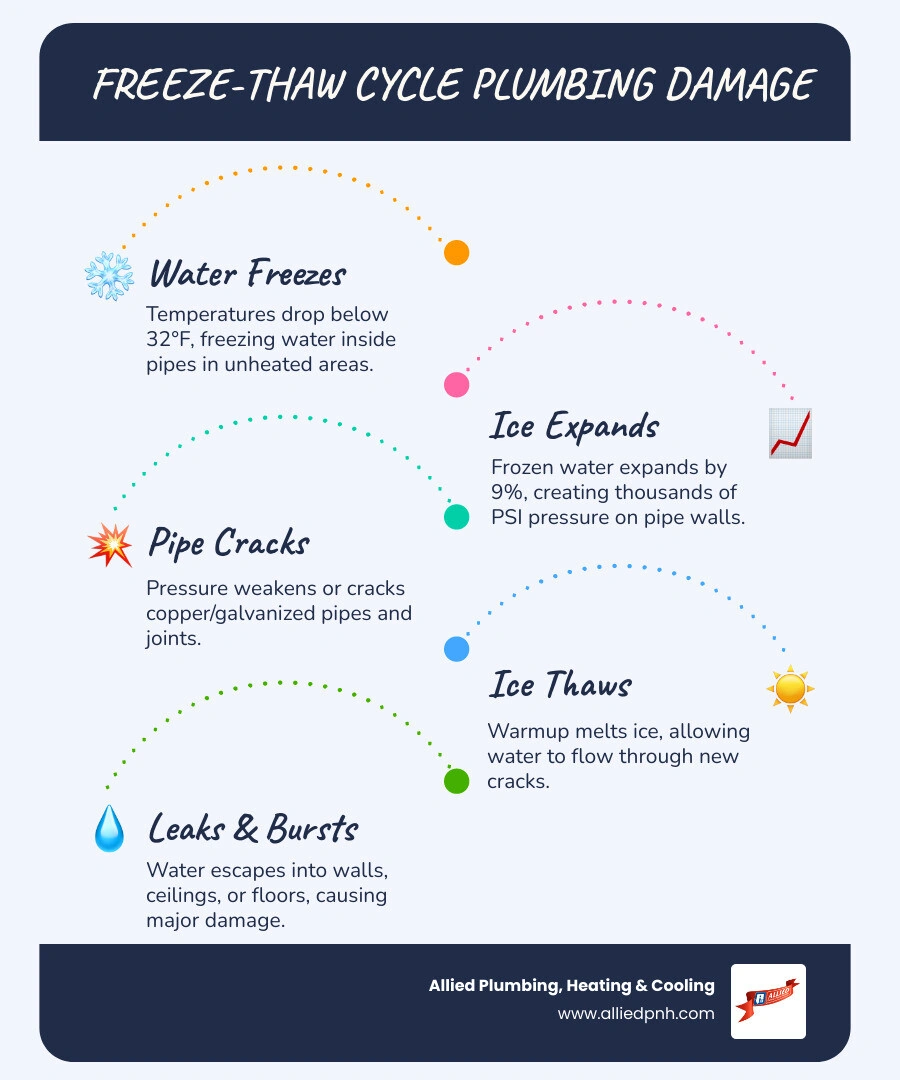 Infographic showing how freeze-thaw cycles damage Illinois home plumbing step by step from freezing to burst pipes Infographic showing how freeze-thaw cycles damage Illinois home plumbing step by step from freezing to burst pipes