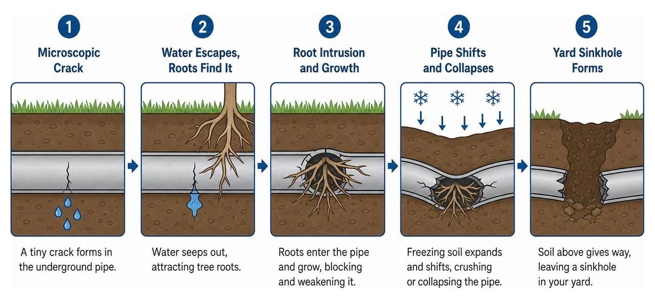 Diagram showing the progression of an underground pipe leak from a microscopic crack to a yard sinkhole