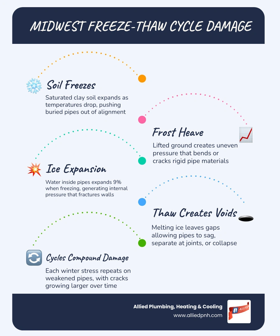 Infographic showing the Midwest freeze-thaw cycle stages and how each stage damages underground pipes infographic