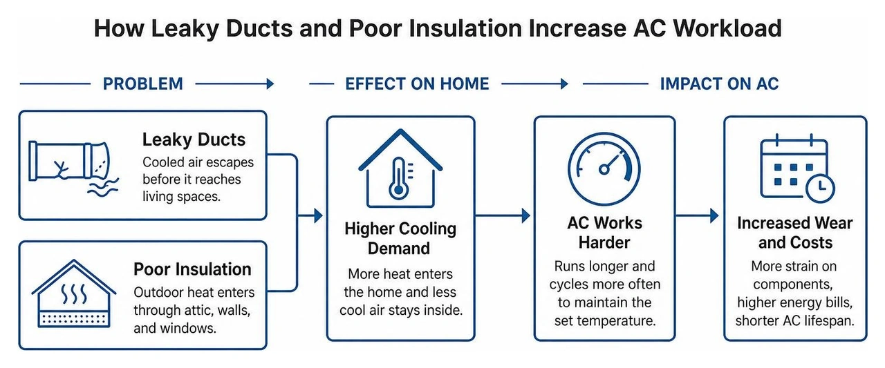 Diagram showing how leaky ducts and poor insulation increase AC workload Diagram showing how leaky ducts and poor insulation increase AC workload