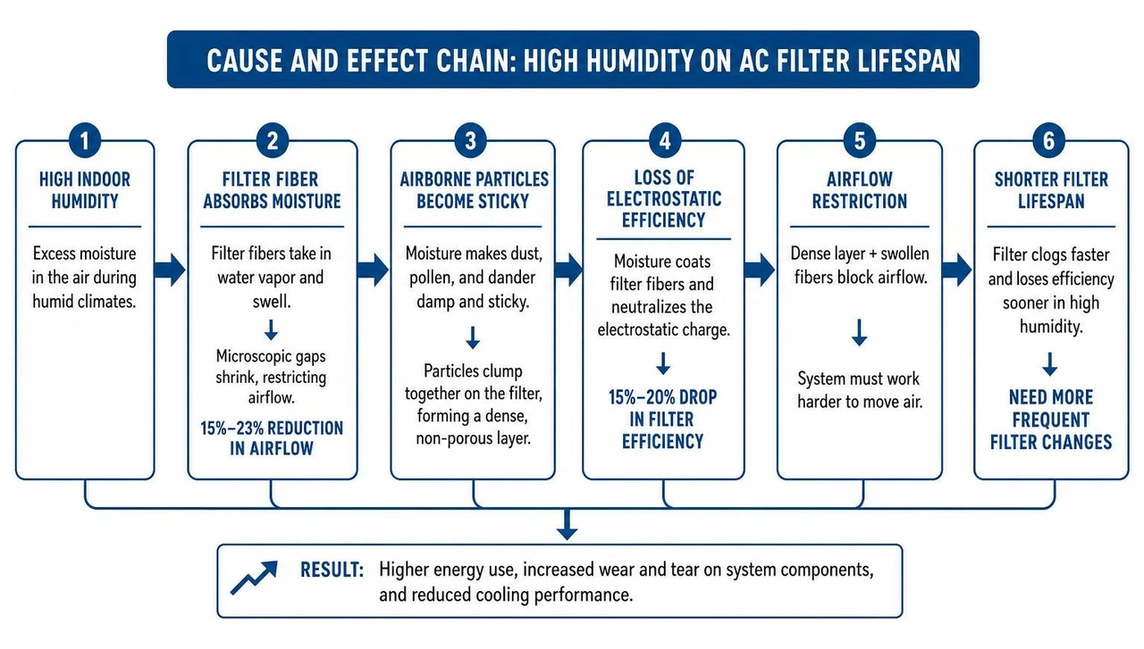 Cause and effect chain of high humidity on AC filter lifespan Cause and effect chain of high humidity on AC filter lifespan