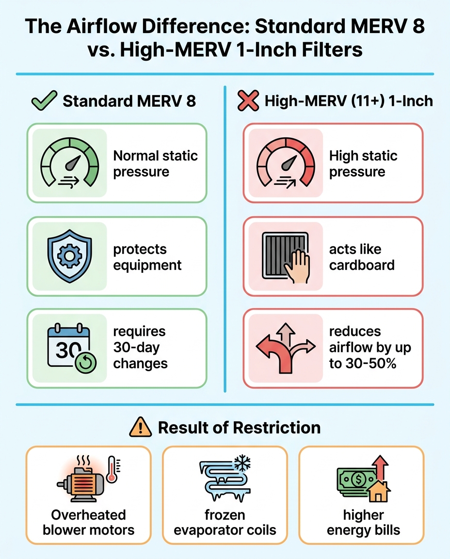 The Airflow Difference: Standard MERV 8 vs. High-MERV 1-Inch Filters