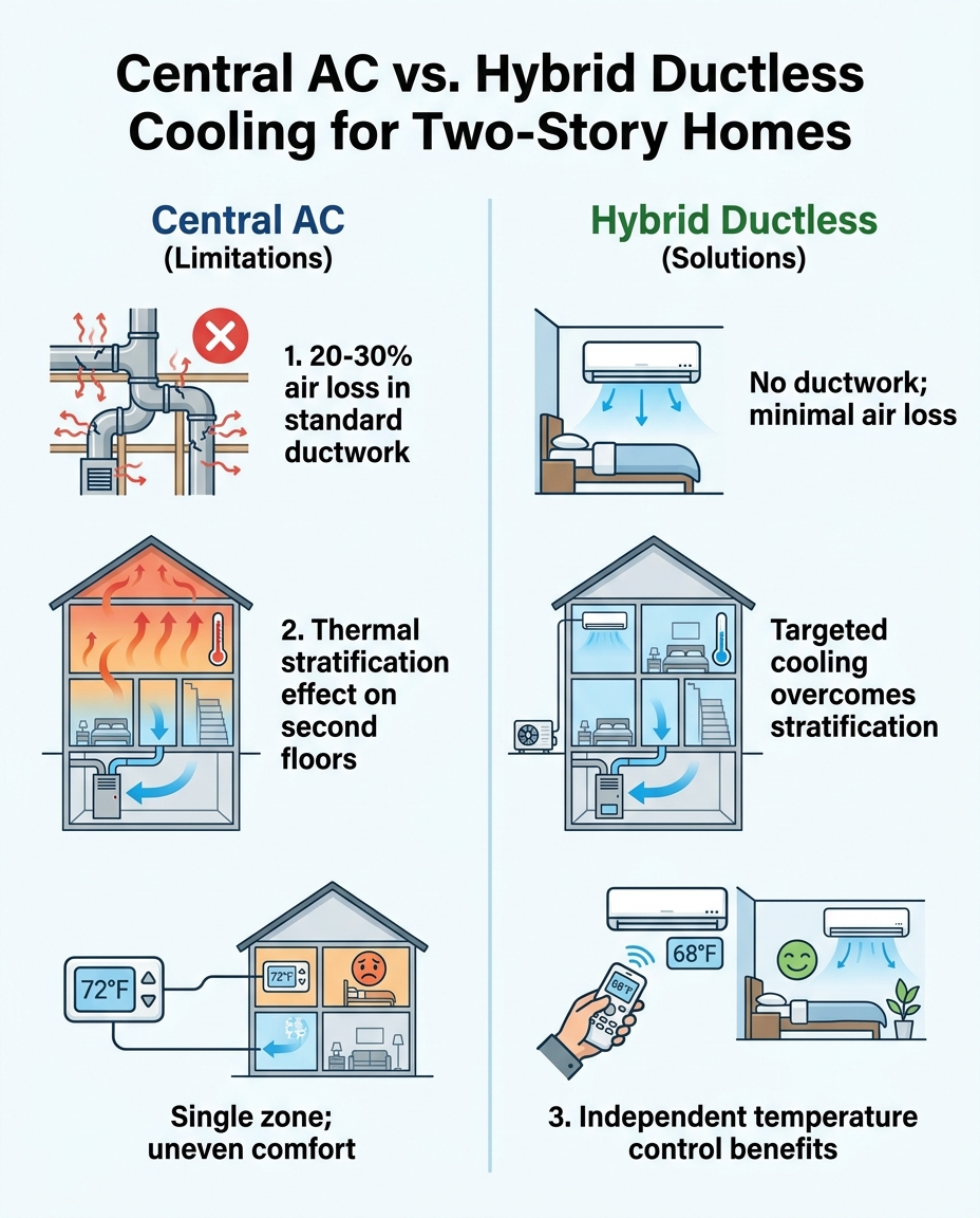 Central AC vs. Hybrid Ductless Cooling for Two-Story Homes