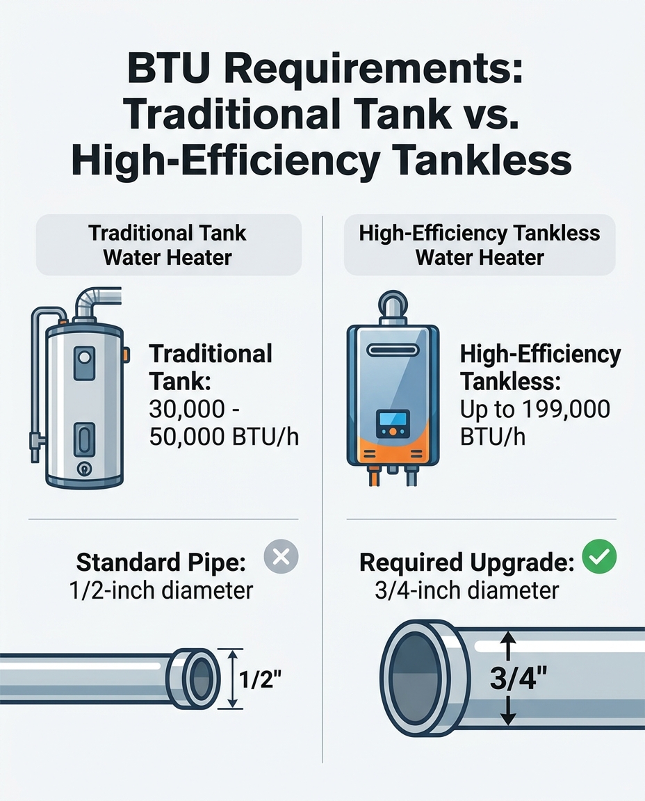 BTU Requirements: Traditional Tank vs. High-Efficiency Tankless