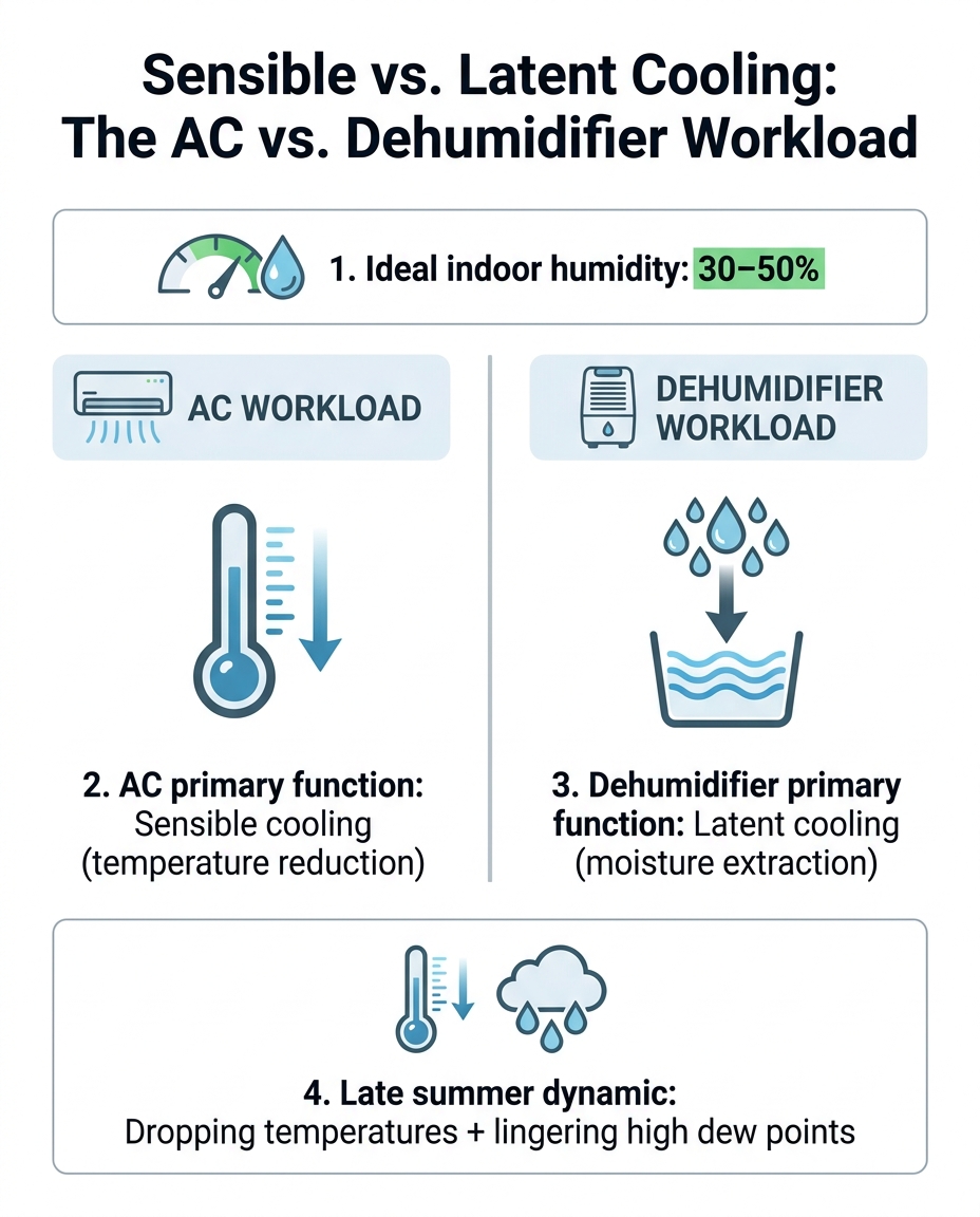 Sensible vs. Latent Cooling: The AC vs. Dehumidifier Workload