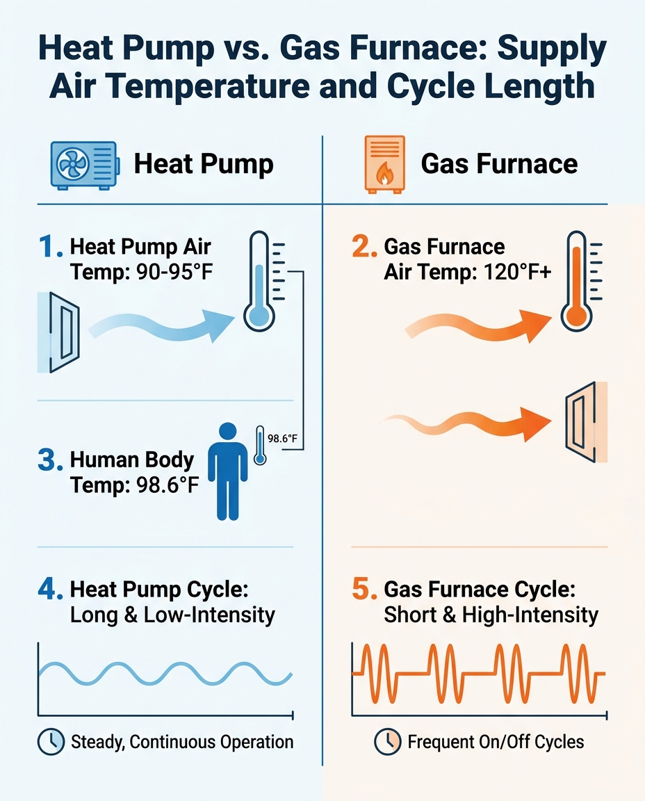 Heat Pump vs. Gas Furnace: Supply Air Temperature and Cycle Length
