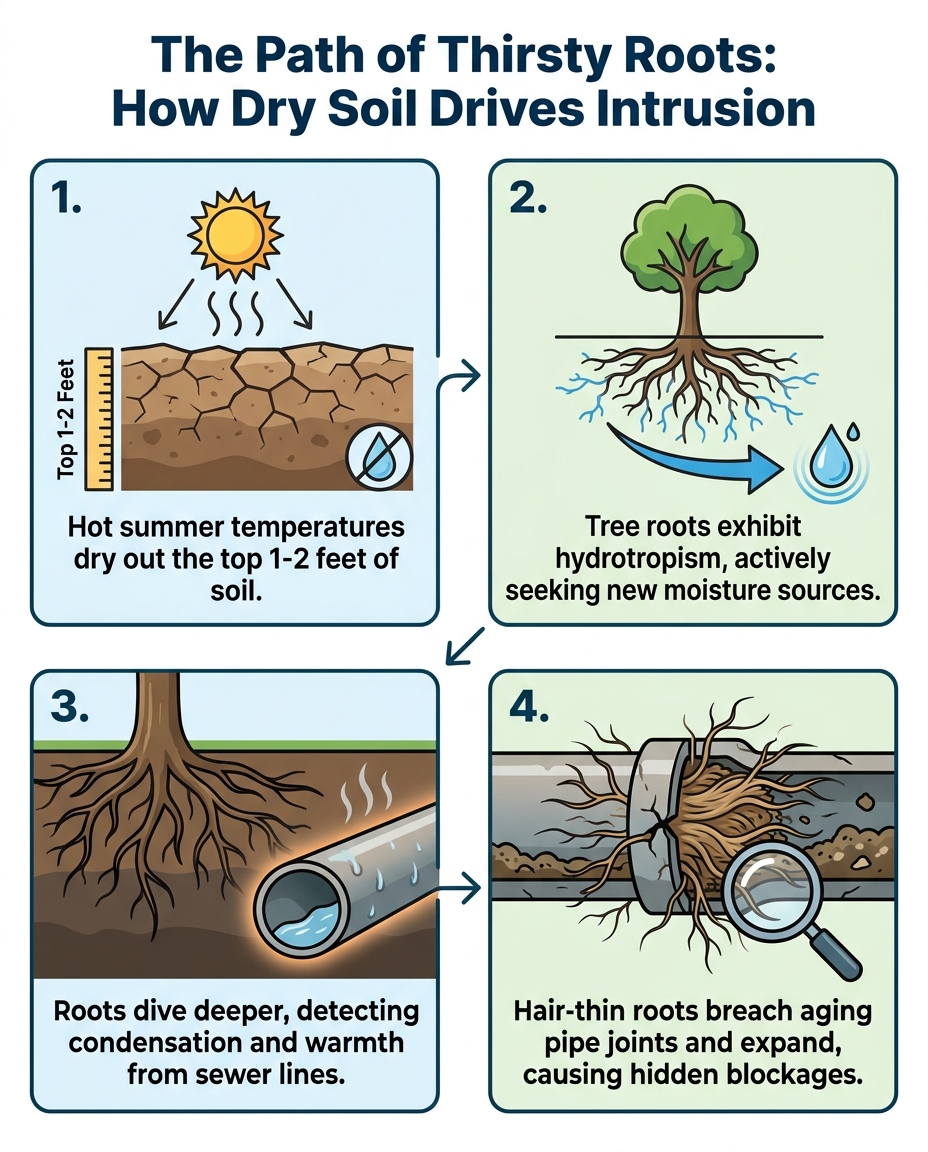 The Path of Thirsty Roots: How Dry Soil Drives Intrusion