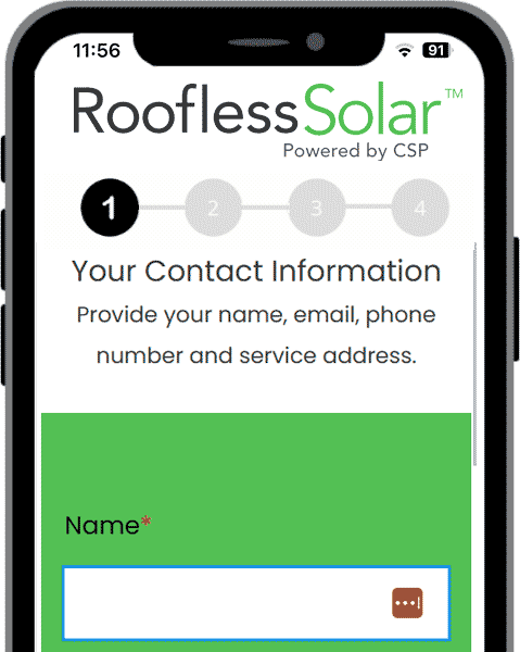 mobile phone showing the 4 steps to sign up for PureSky NY: 1) contact information, 2) utility information, 3) payment information, 4) no solar panels, simplified billing and other benefits of PureSkye New York
