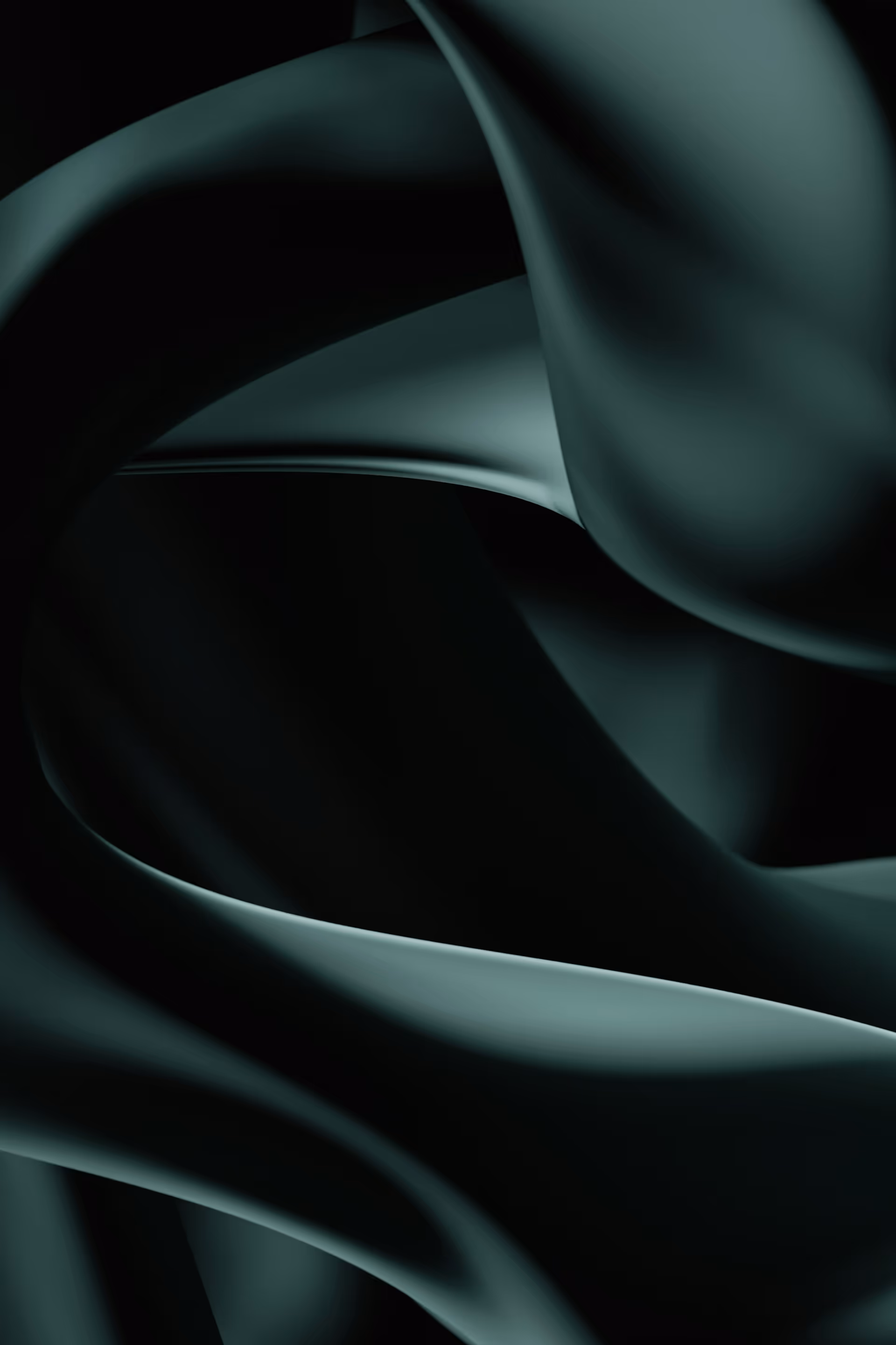 Abstract dark green and black smooth twisting shapes with soft lighting.
