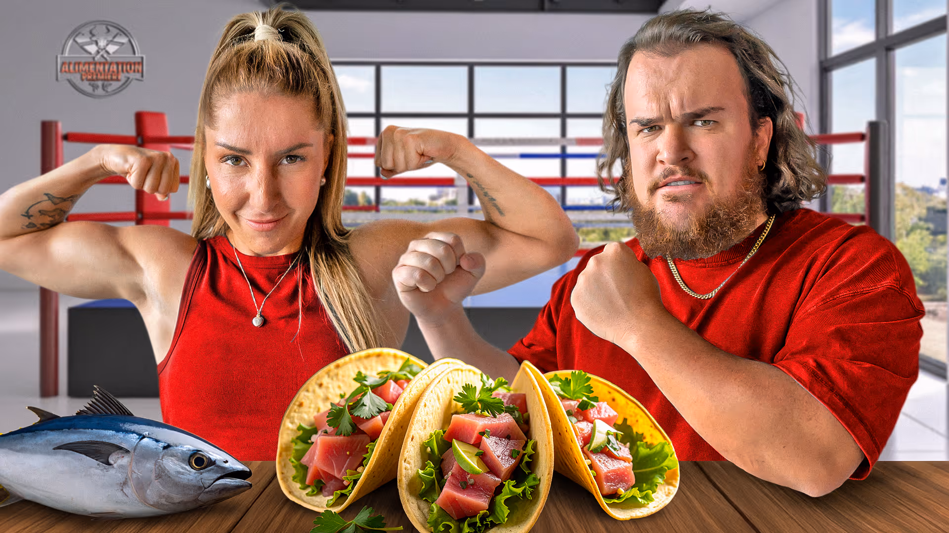 Une femme et un homme se tenant derrière une table où se trouve des tacos