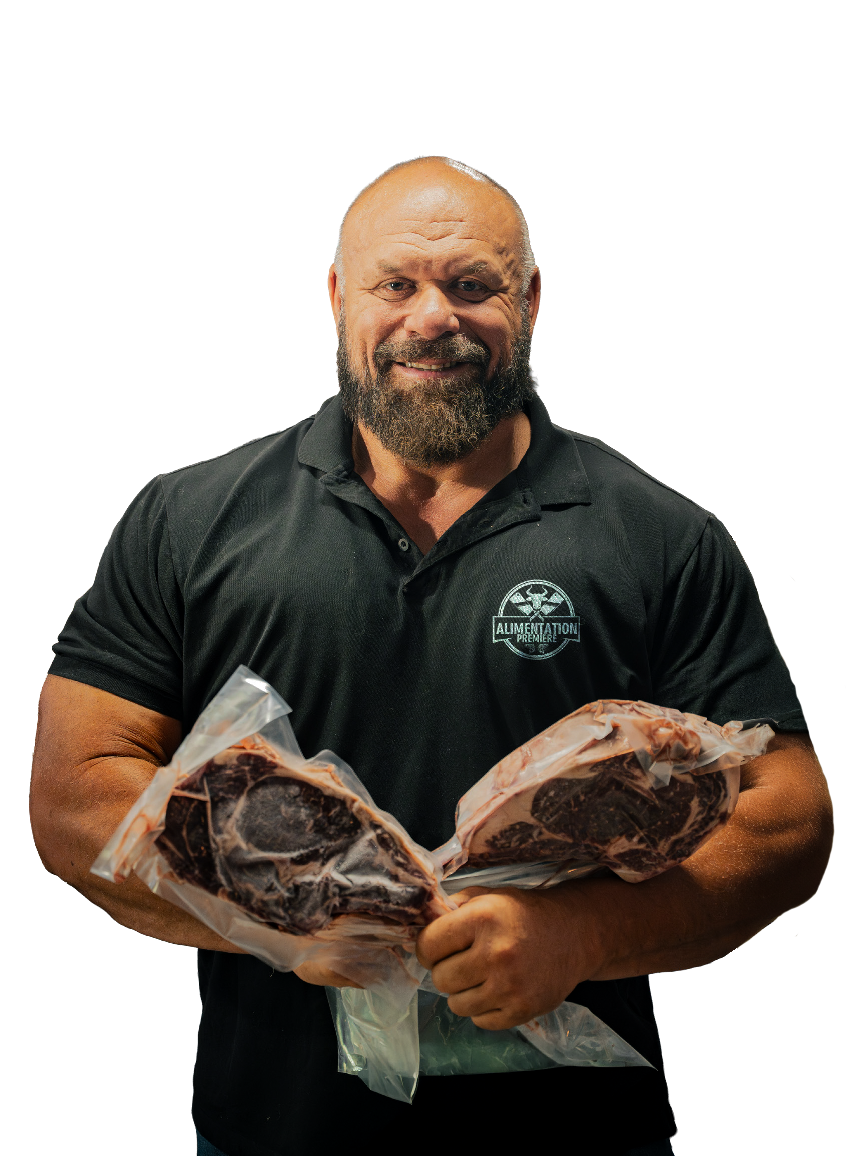 Homme tenant deux grosses pièces de viande