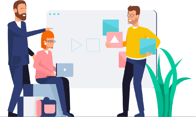 illustration of two men and a woman working as a team