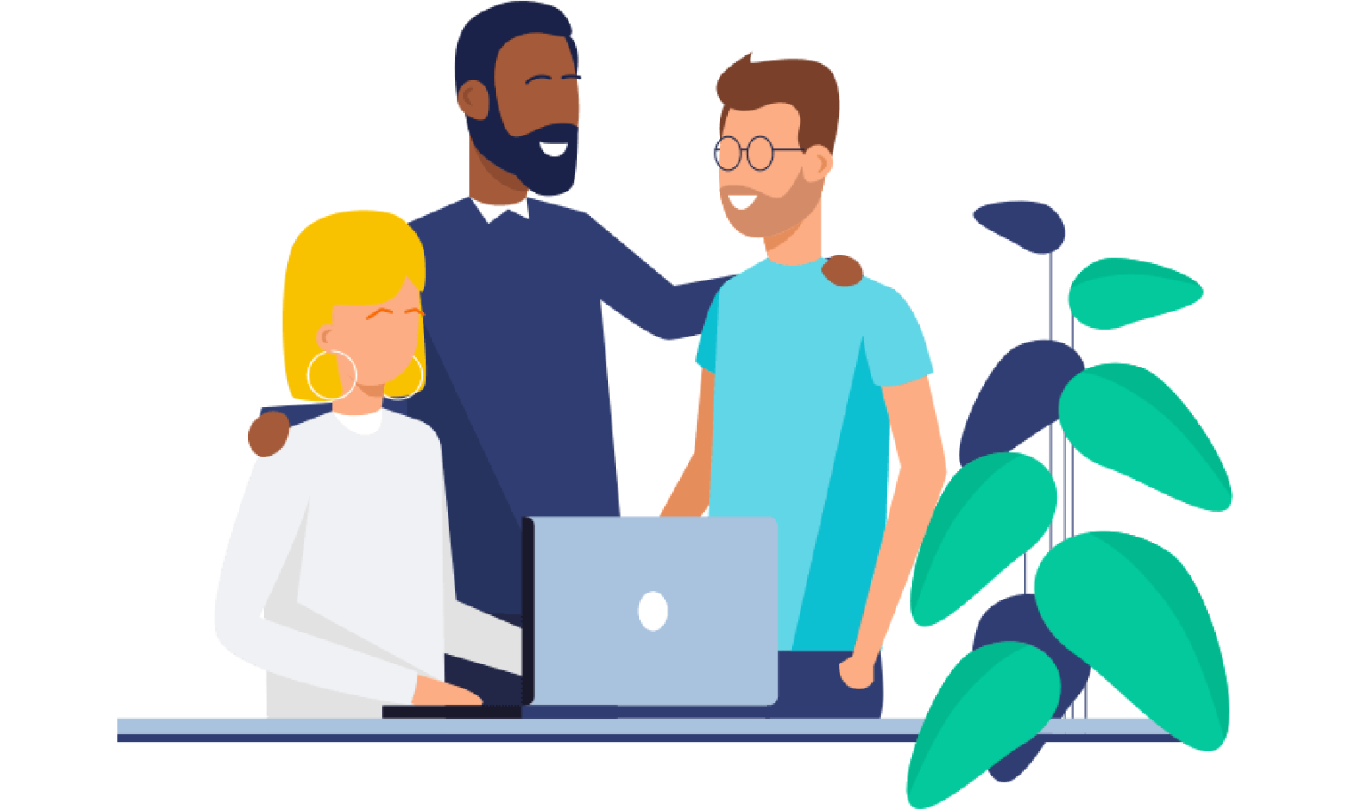 Illustration of a team of three people in front of the laptop screen