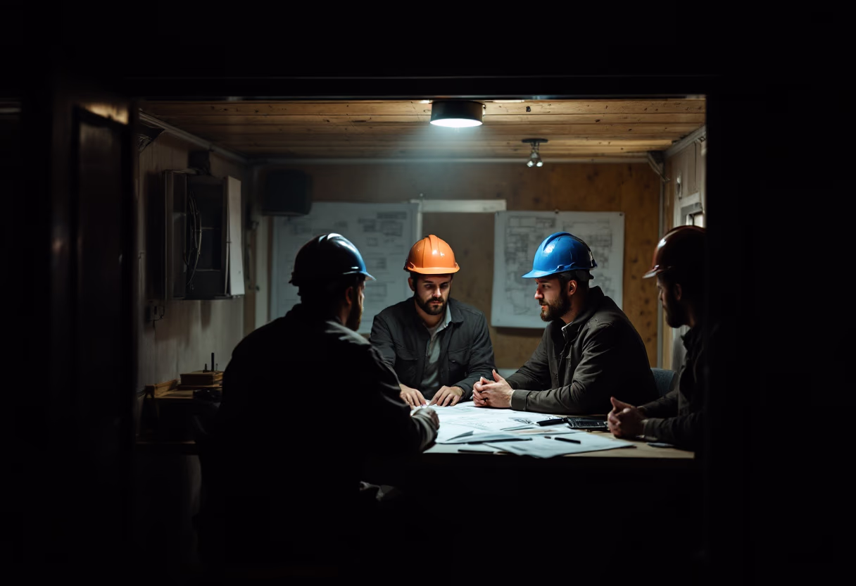 [background image] image of construction team meeting in a trailer office