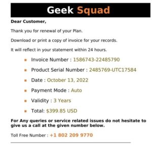An image of a phishing attempt that impersonates the Best Buy Geek Squad