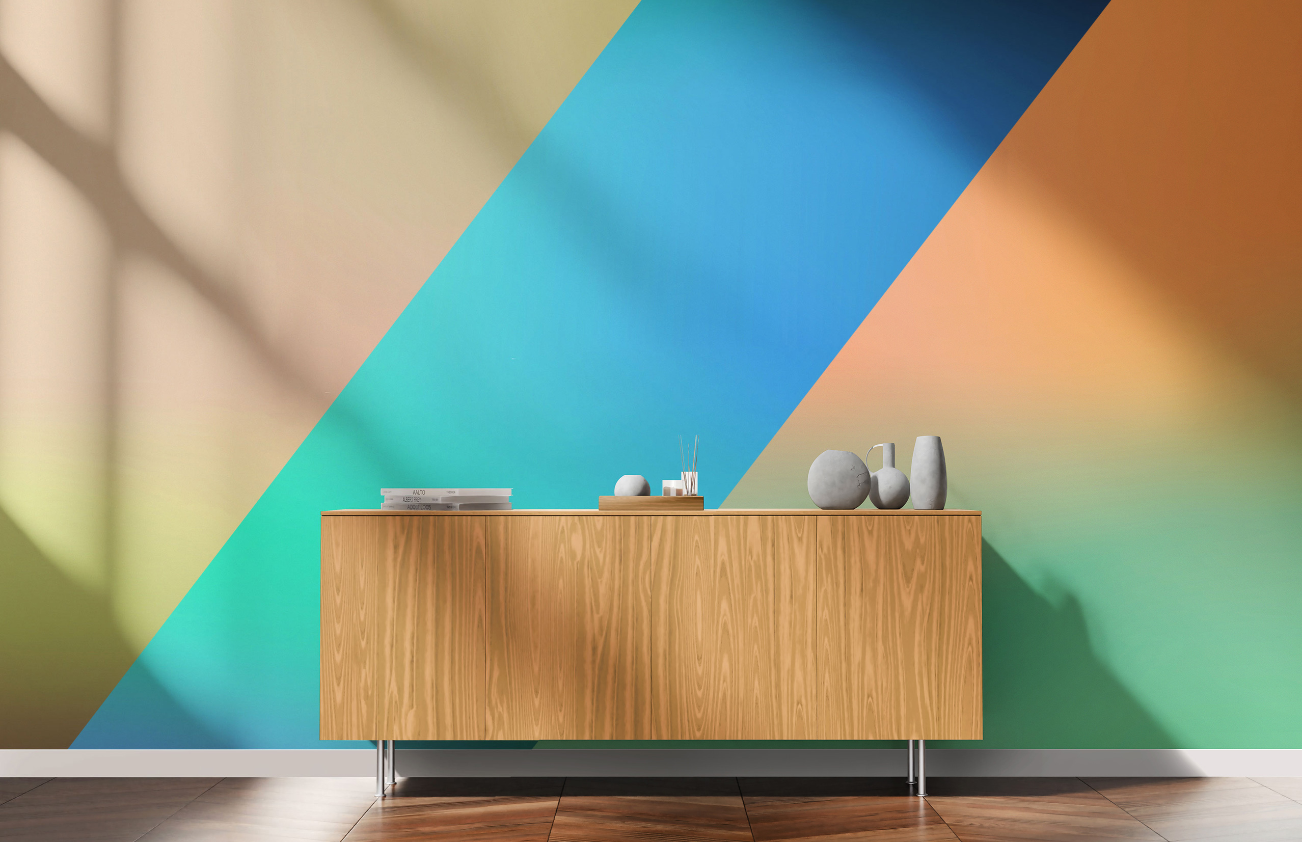 Blue orange and green striped fabric wall.