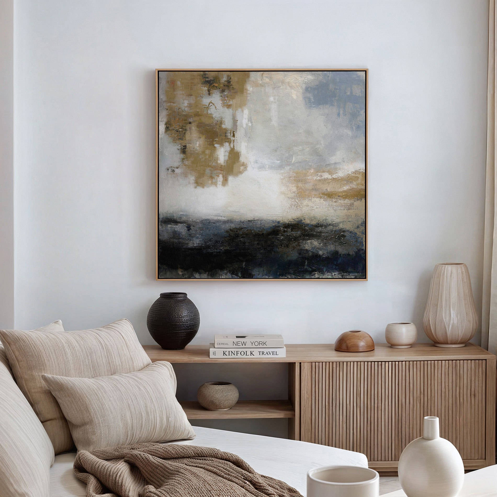 Abstract art hung on a wall, looking nothing like a speaker.