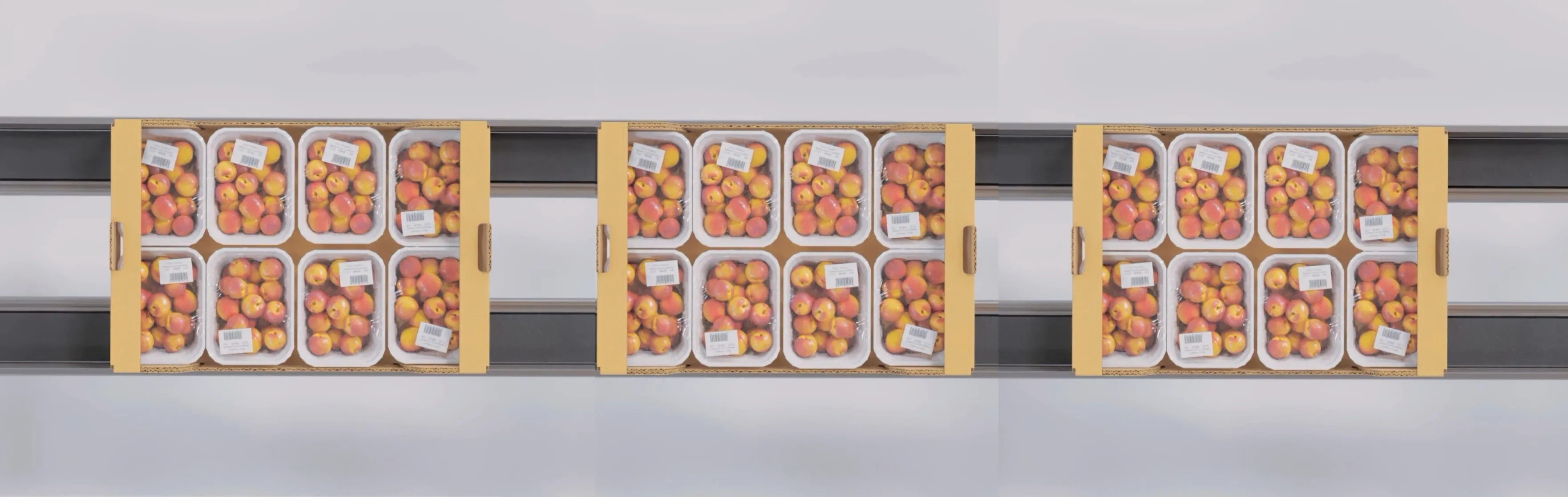 Cajas de manzanas empaquetadas y vistas desde arriba sobre un sistema de distribución de una cadena de embalaje