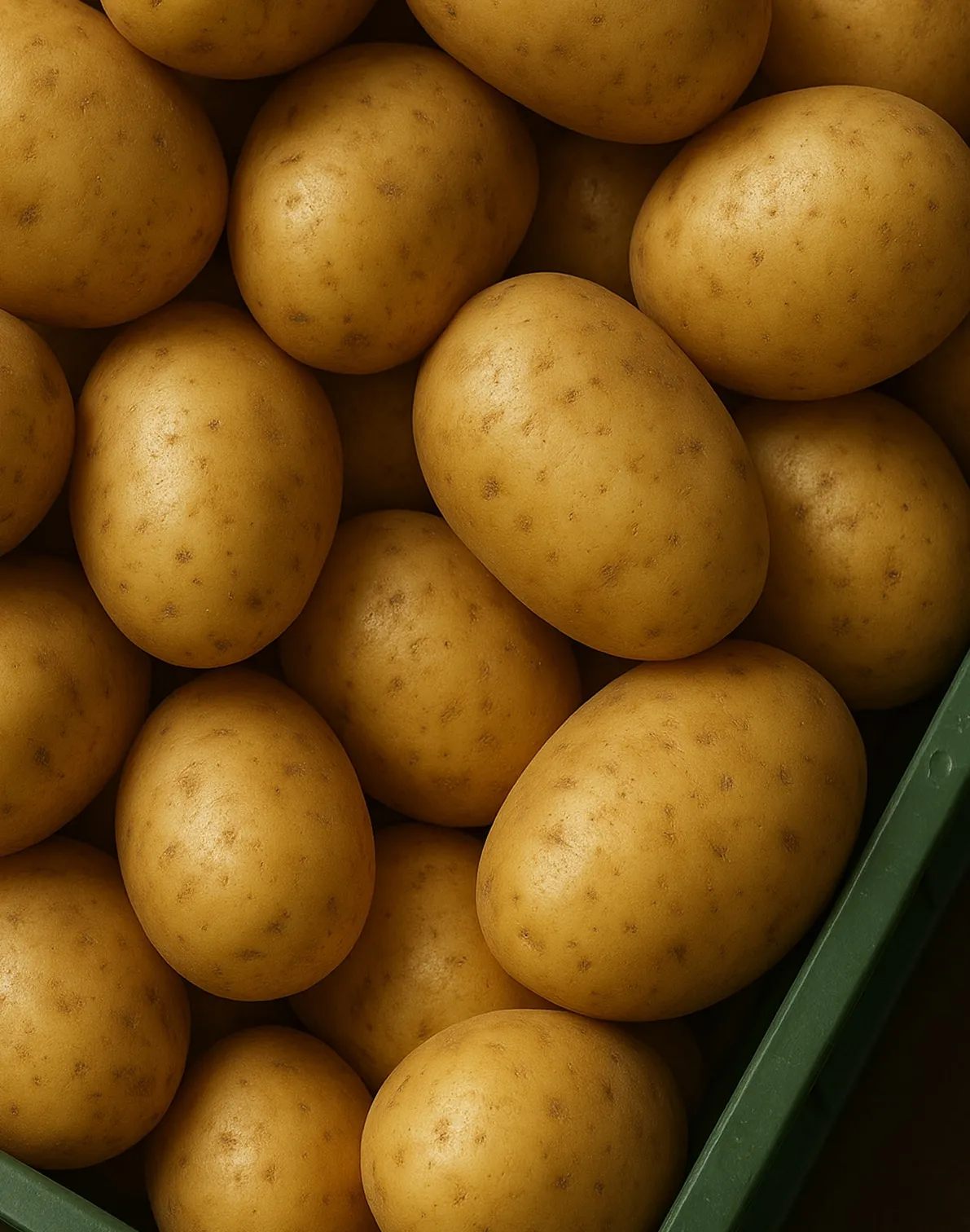 Caja de plástico verde con patatas pulidas y listas para su distribución y venta.