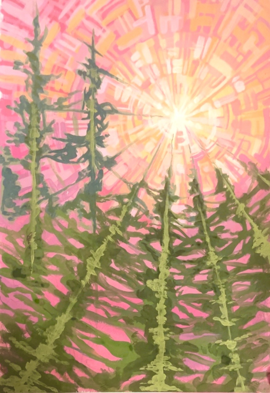Towards Sun: pine trees under a pink sun with radiating light