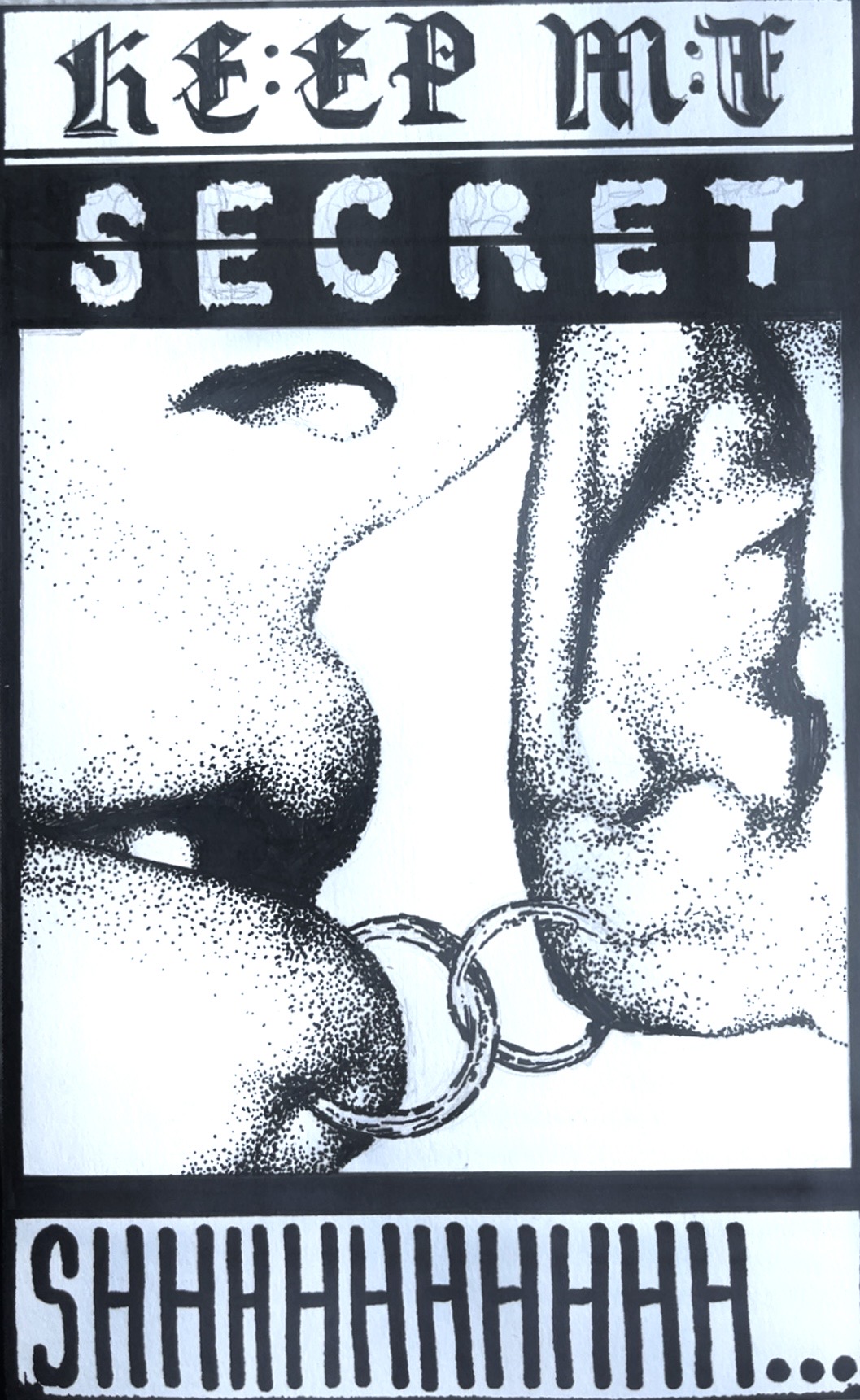 Secret poster: stippled close-up of lips whispering into an ear, with the words keep my secret and shhh