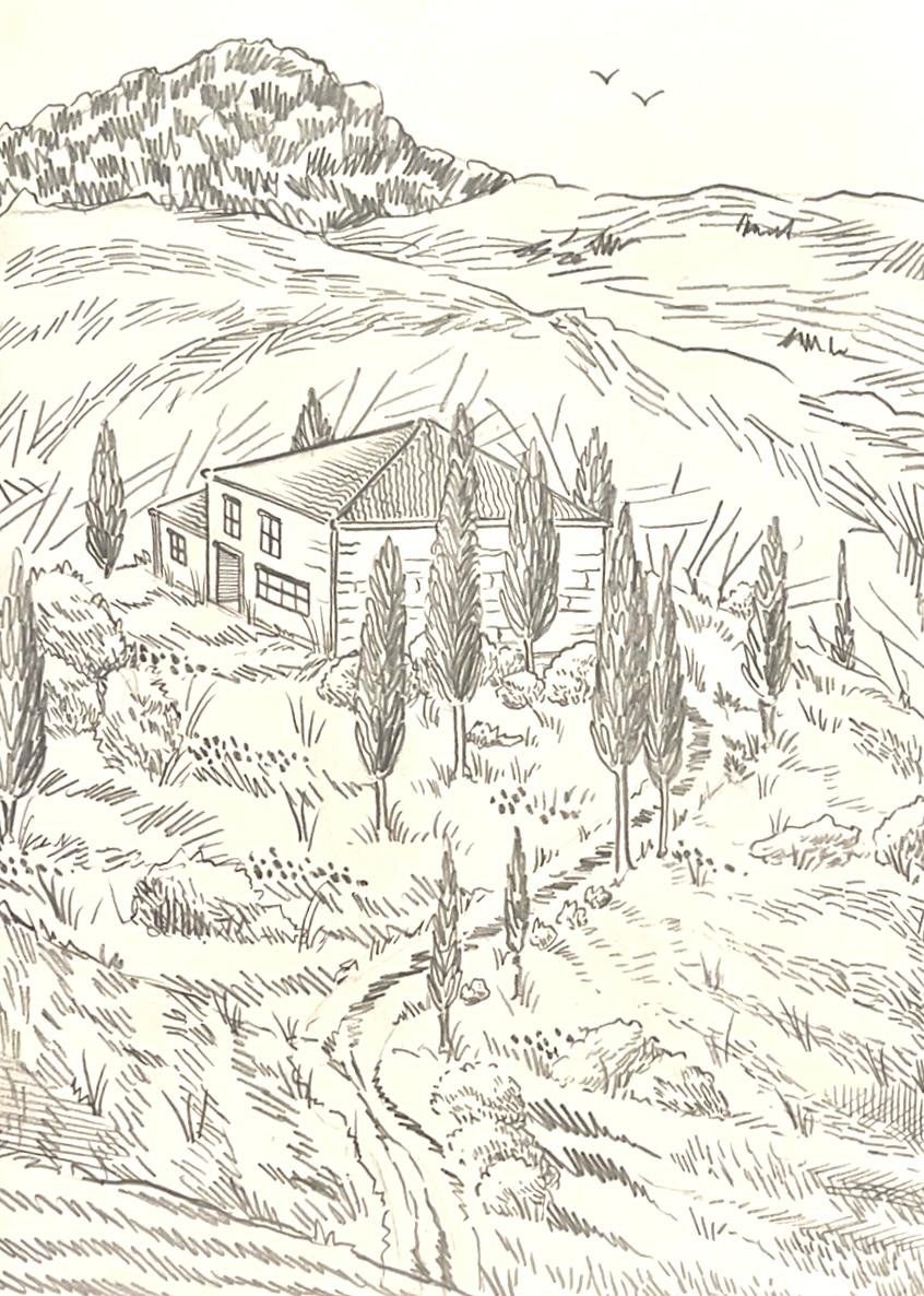 Tuscany: pencil landscape of a stone house among cypress trees on rolling hills