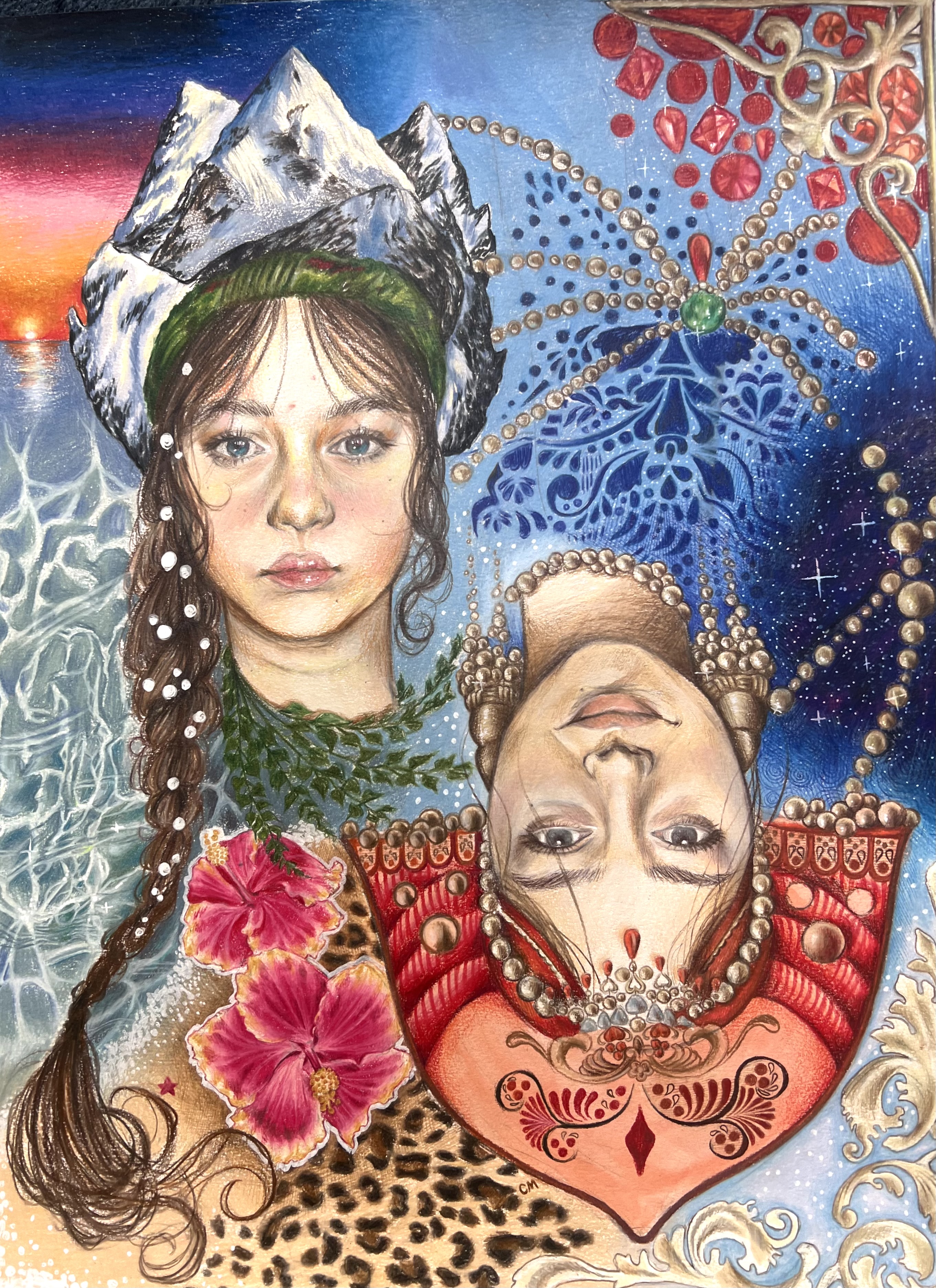 The Beauty Divide: two portraits of a girl in ornate headdresses, one upside down