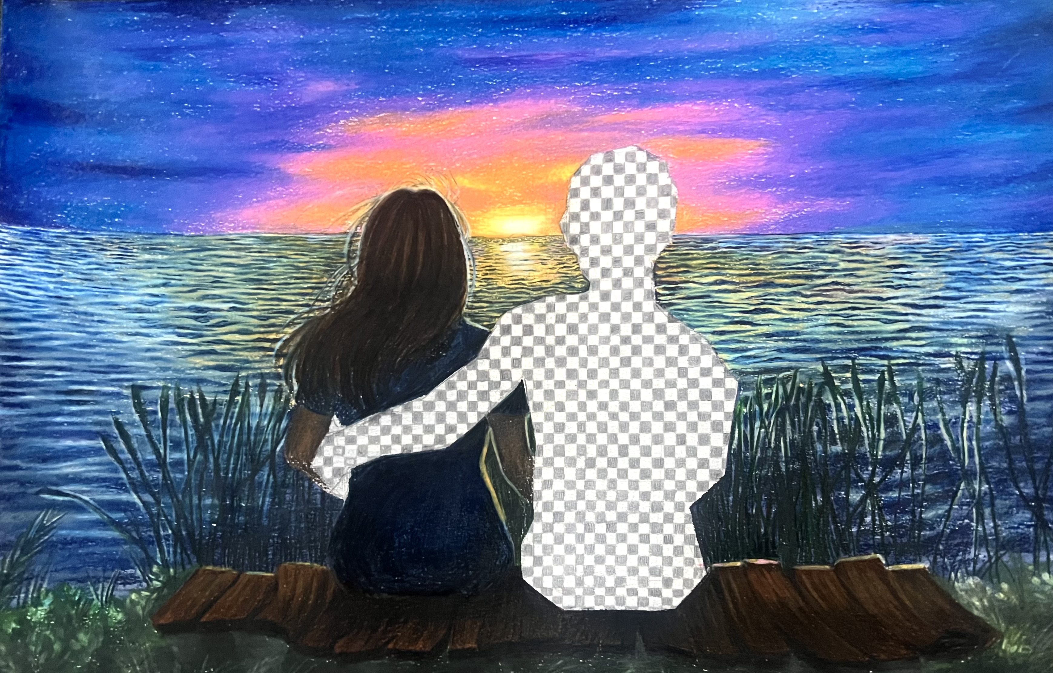 The Shape of Absence: two figures on a dock at sunset, one of them an empty transparent silhouette