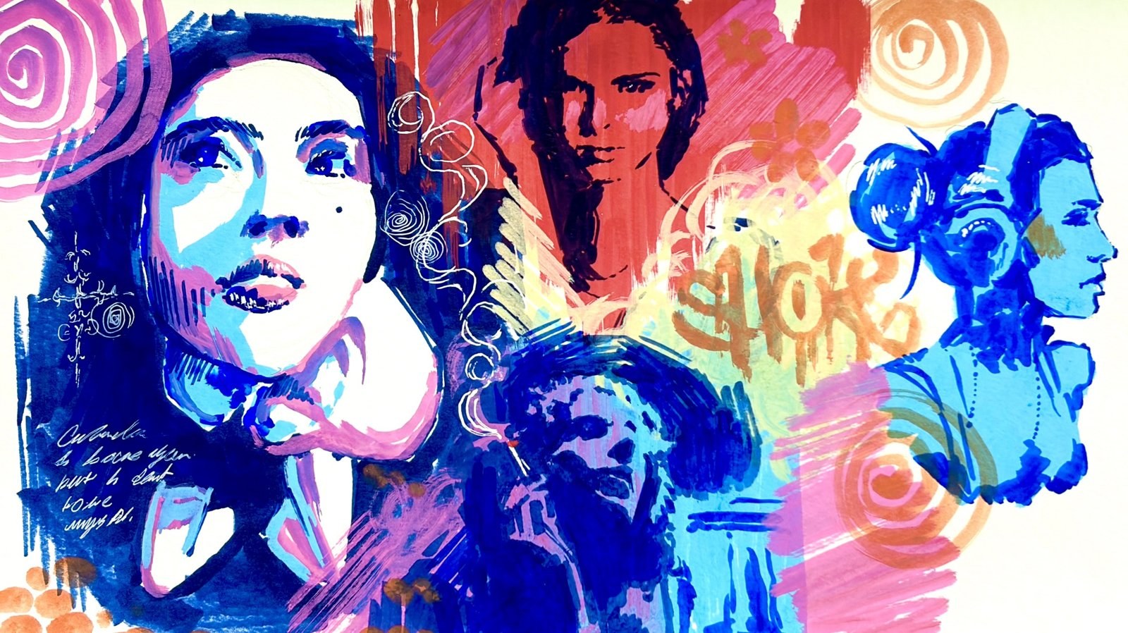 Four women’s faces in cobalt blue, pink and red ink over painted spirals and handwritten notes