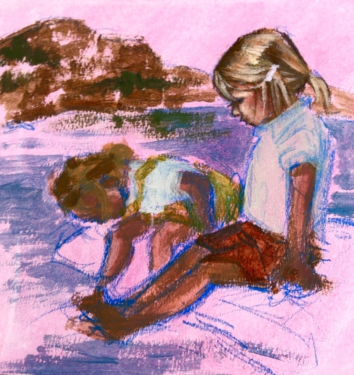 Two girls playing on a beach, painted loosely in brown and violet on pink paper with blue crayon lines