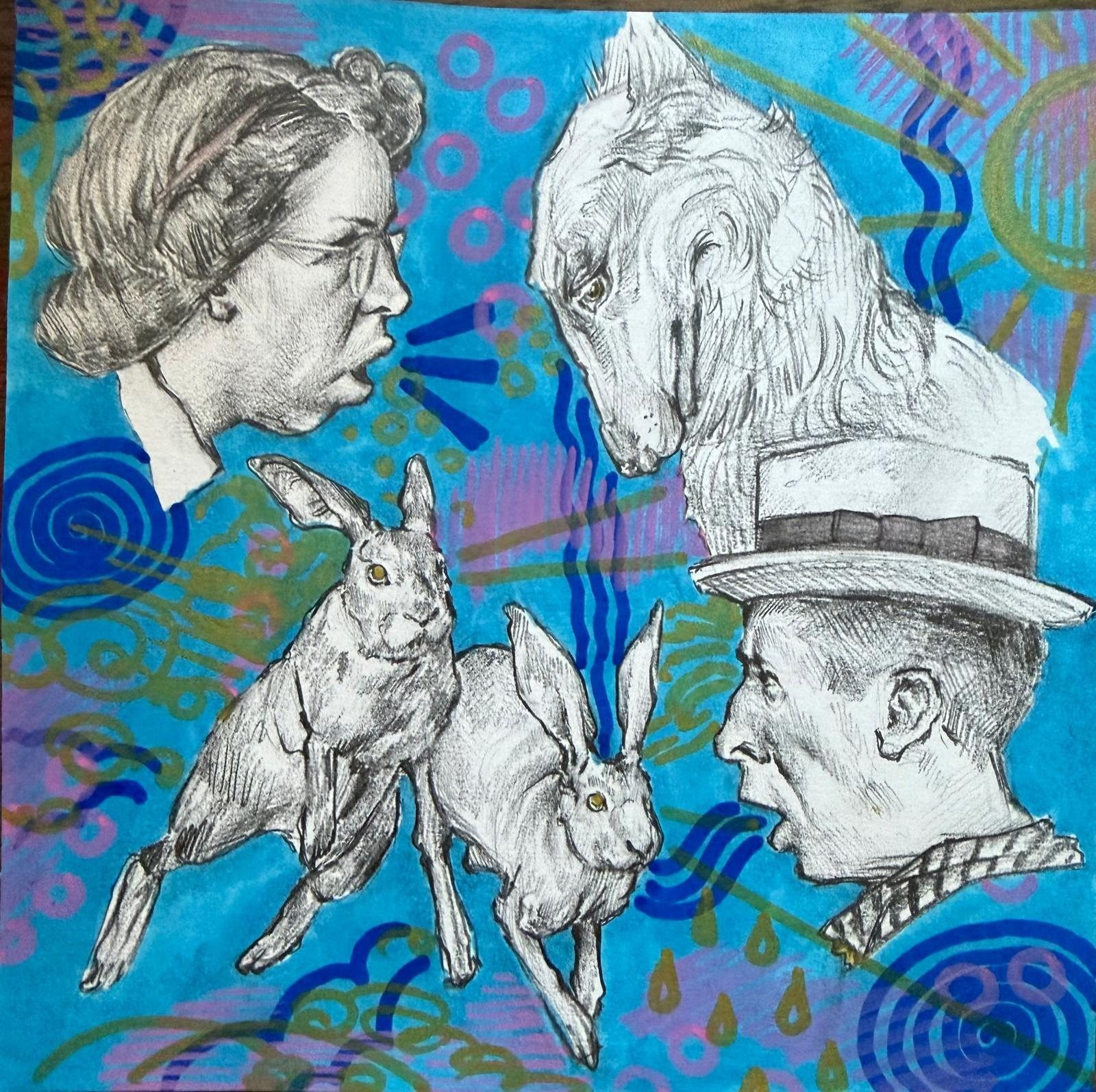 Emotions: two people in profile, two rabbits and a white horse drawn in pencil over bright blue marker spirals