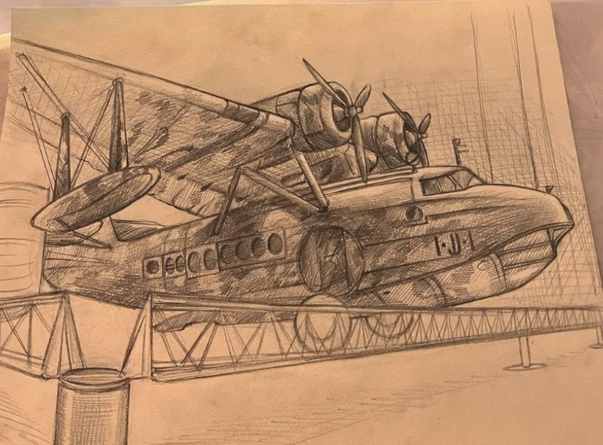 World War II Amphibia Plane: pencil drawing on toned paper of an American WWII flying boat on its display stand