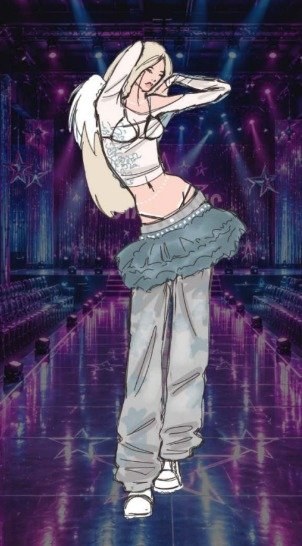 Fashion illustration: a model in a white crop top and wide gray cargo pants with a fur trim on a neon runway