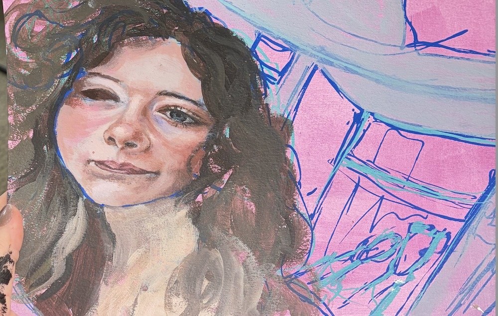 Abby: portrait of a girl with long brown hair over pink and blue architectural lines